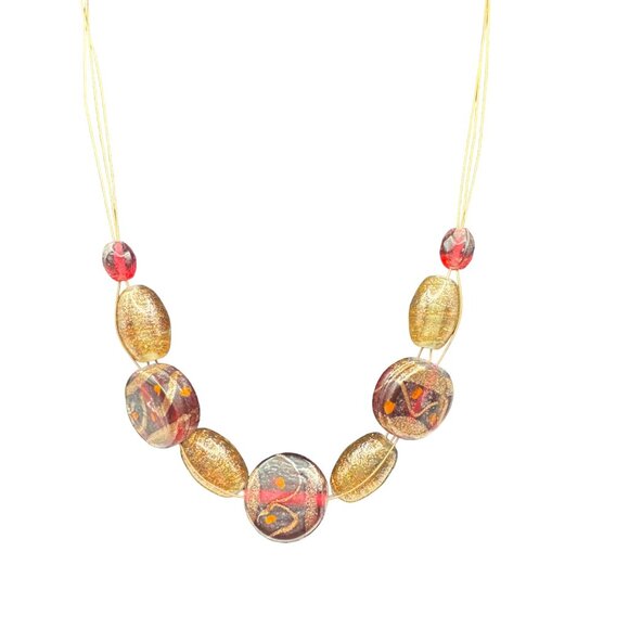 Gold and Maroon Glass Bead Necklace on Copper Wire 16 inch with 3 inch extender - Picture 2 of 3
